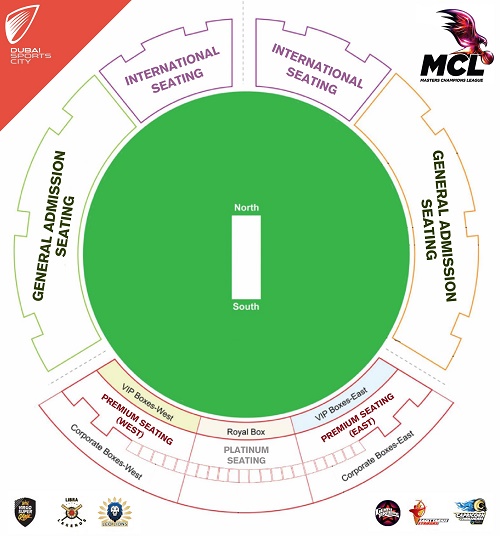 Dubai International Stadium seating plan for MCL matches.