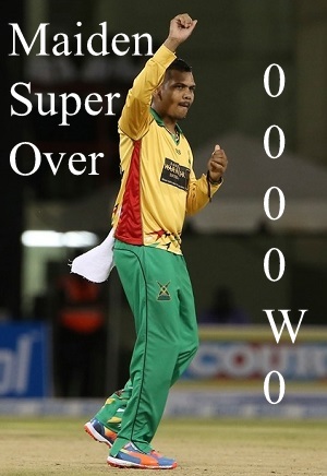 Sunil Narine bowled first maiden super over of T20 cricket.